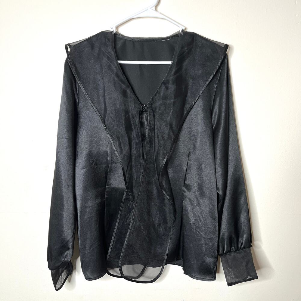 Vintage Satin Blouse Womens Whimsigoth Top‎ L Witchy Long Sleeve V Neck Black